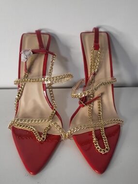 Fashion Nova Red Patent Pointed-Toe Heels with Gold Chain Straps